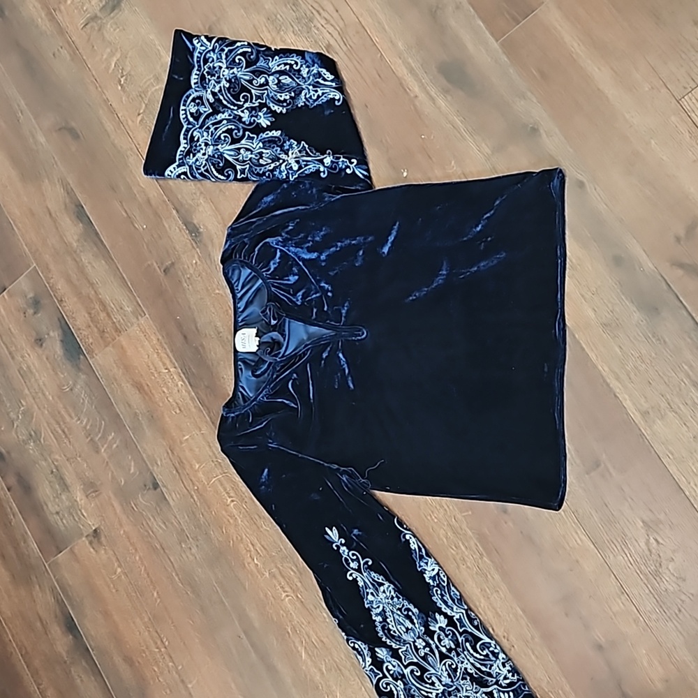 Misa Los Angeles blue velvet embroidered bell sleeve top